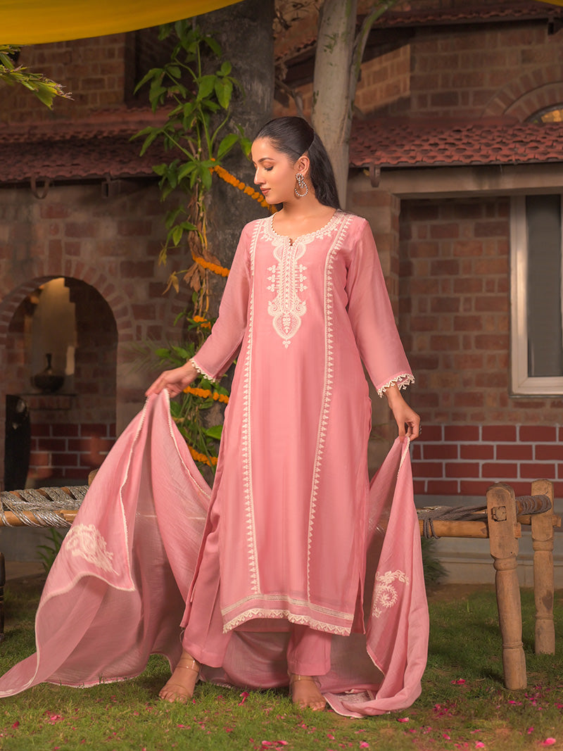 Aarohi Pure Mul Chanderi Embroidered Kurta Set with Dupatta