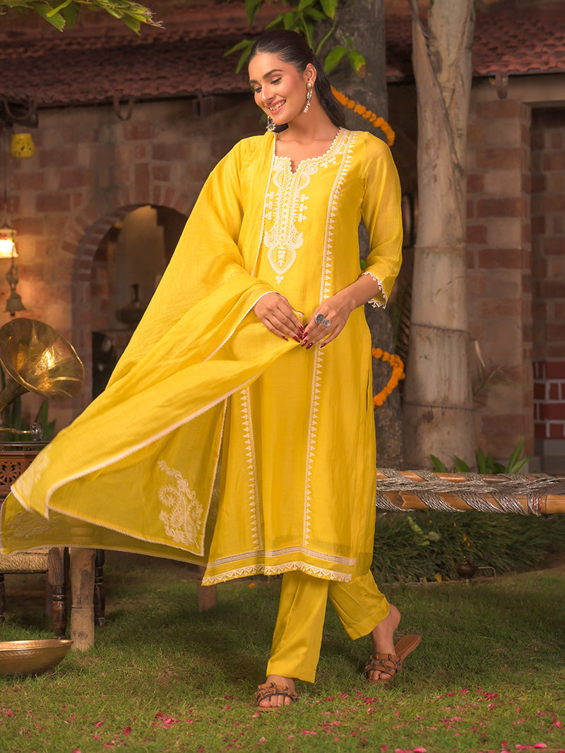 Aarohi Pure Mul Chanderi Embroidered Kurta Set with Dupatta - Sunflower Yellow