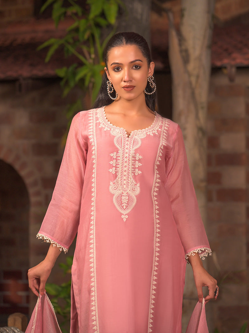 Aarohi Pure Mul Chanderi Embroidered Kurta Set with Dupatta - Powder Blue