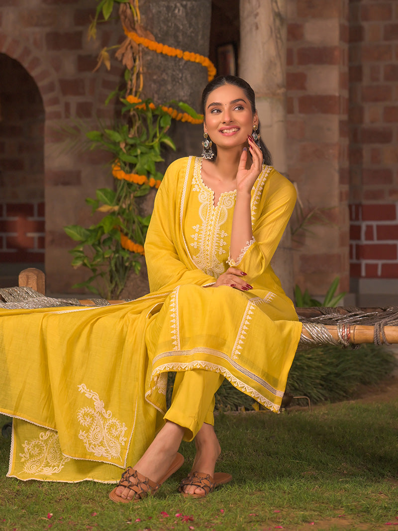 Aarohi Pure Mul Chanderi Embroidered Kurta Set with Dupatta - Sunflower Yellow