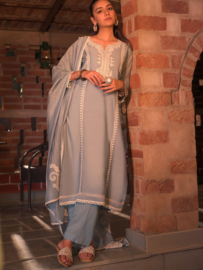 Aarohi Pure Mul Chanderi Embroidered Kurta Set with Dupatta - Powder Blue