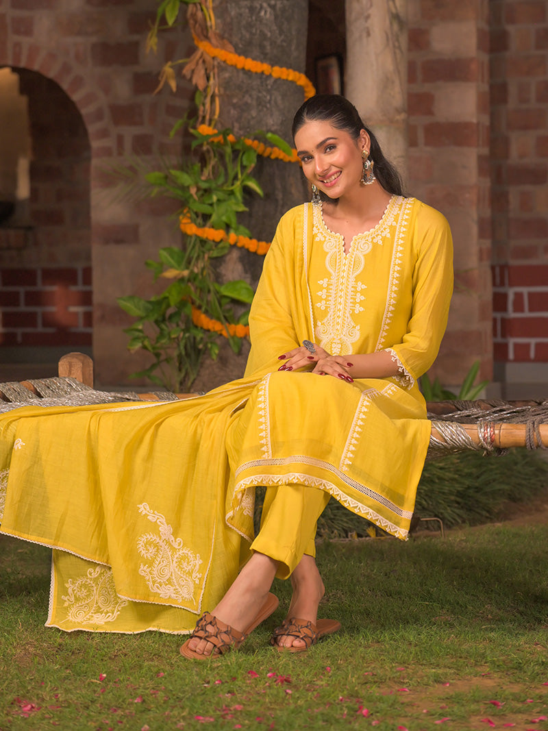 Aarohi Pure Mul Chanderi Embroidered Kurta Set with Dupatta - Sunflower Yellow