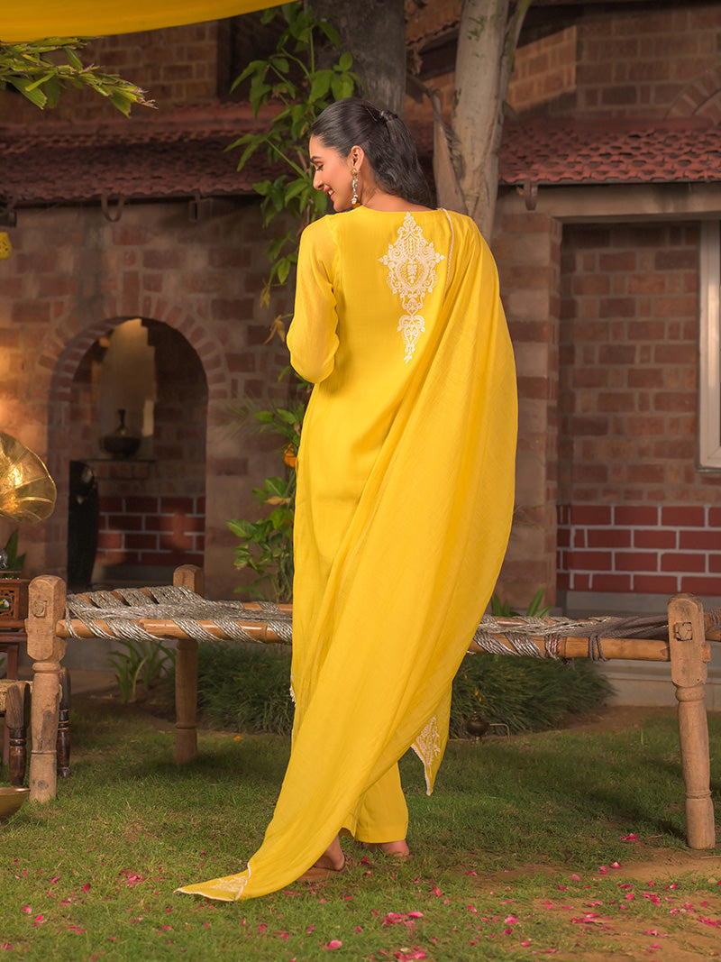 Aarohi Pure Mul Chanderi Embroidered Kurta Set with Dupatta - Sunflower Yellow