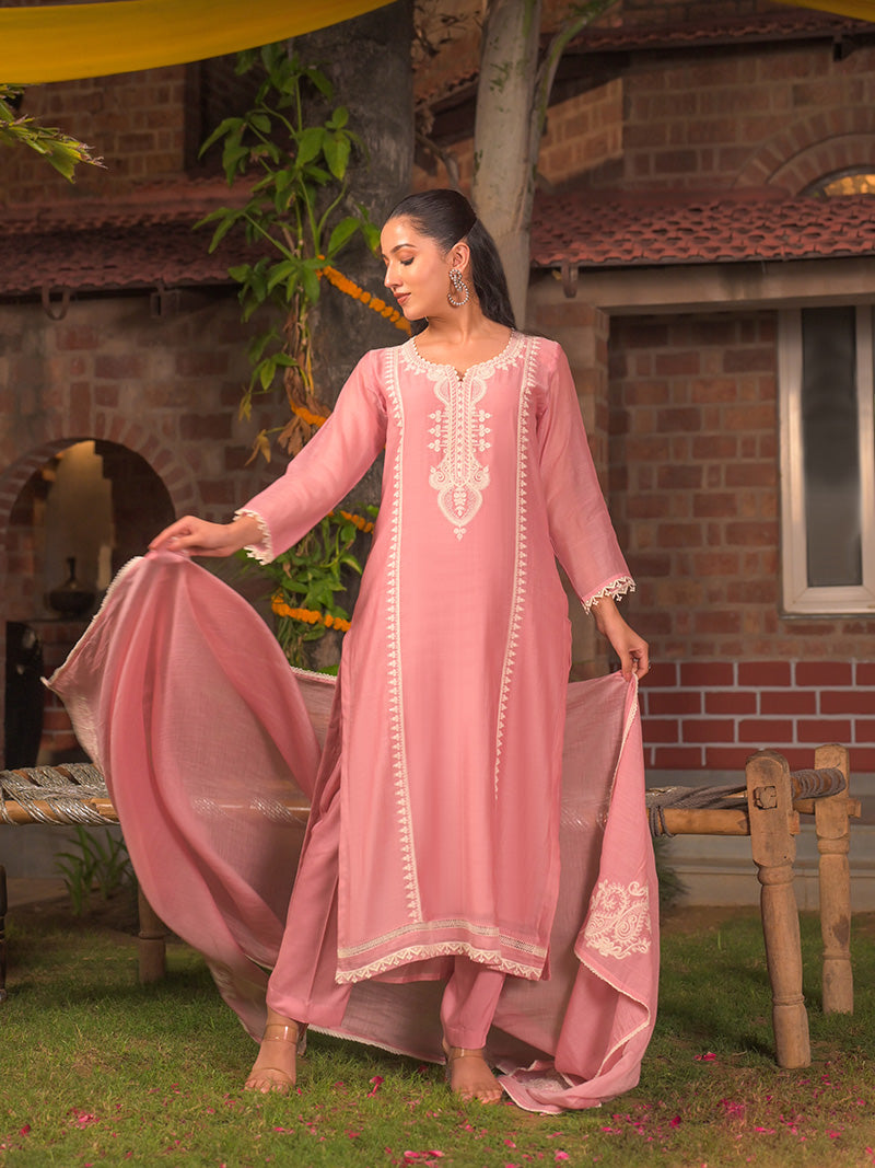 Aarohi Pure Mul Chanderi Embroidered Kurta Set with Dupatta - Powder Blue