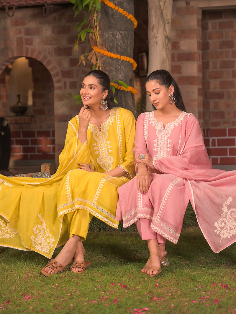 Aarohi Pure Mul Chanderi Embroidered Kurta Set with Dupatta - Blush Pink