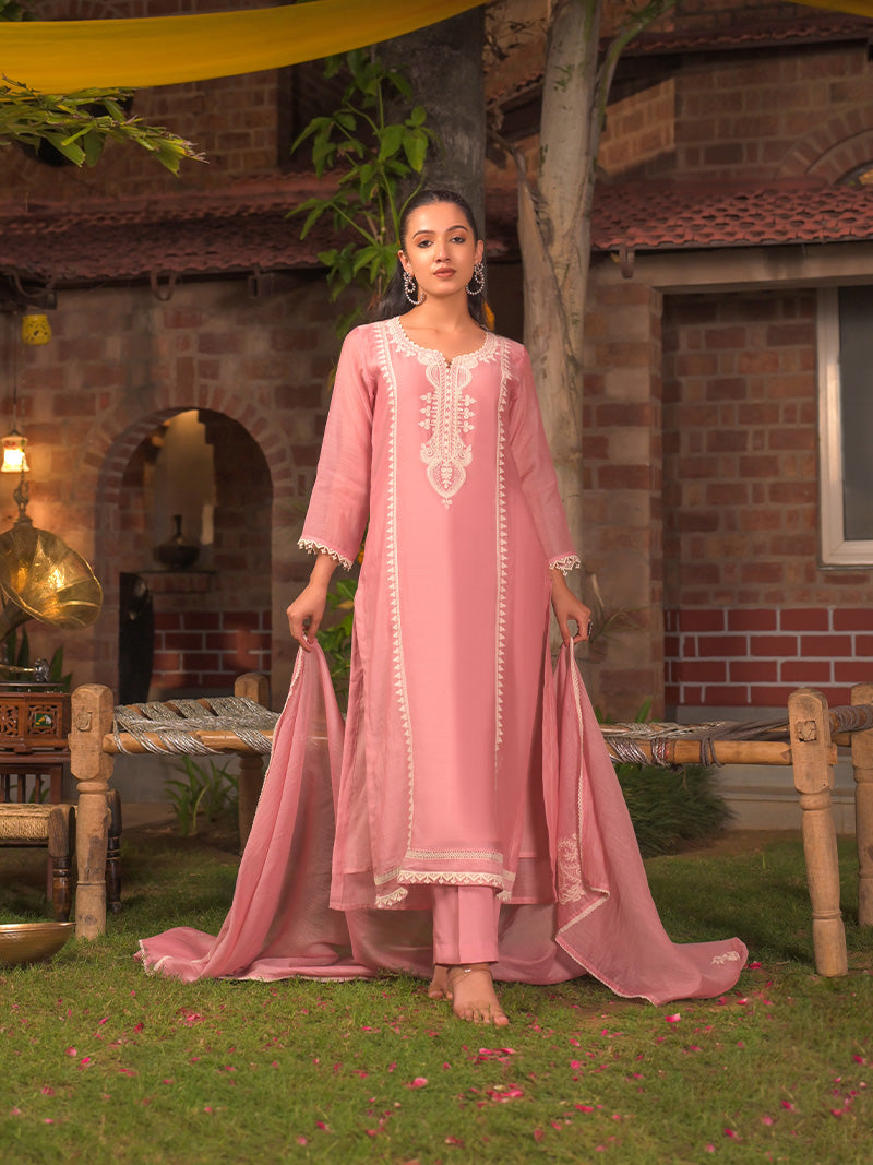 Aarohi Pure Mul Chanderi Embroidered Kurta Set with Dupatta - Powder Blue