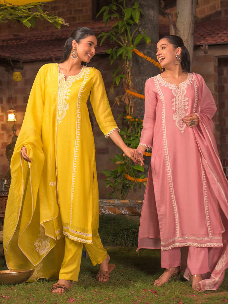 Aarohi Pure Mul Chanderi Embroidered Kurta Set with Dupatta - Blush Pink