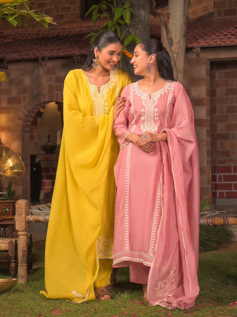 Aarohi Pure Mul Chanderi Embroidered Kurta Set with Dupatta - Blush Pink