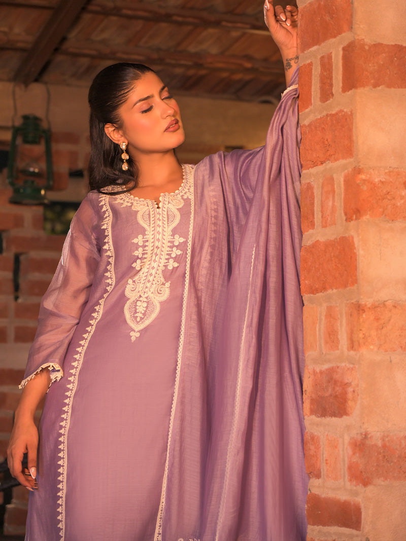 Aarohi Pure Mul Chanderi Embroidered Kurta Set with Dupatta - Lavender