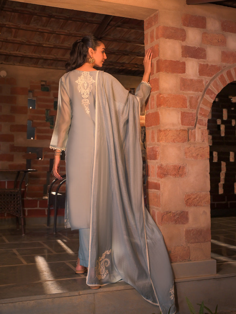 Aarohi Pure Mul Chanderi Embroidered Kurta Set with Dupatta - Powder Blue