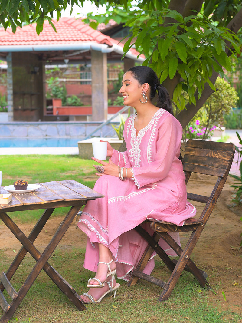 Aarohi Pure Mul Chanderi Embroidered Kurta Set with Dupatta - Blush Pink