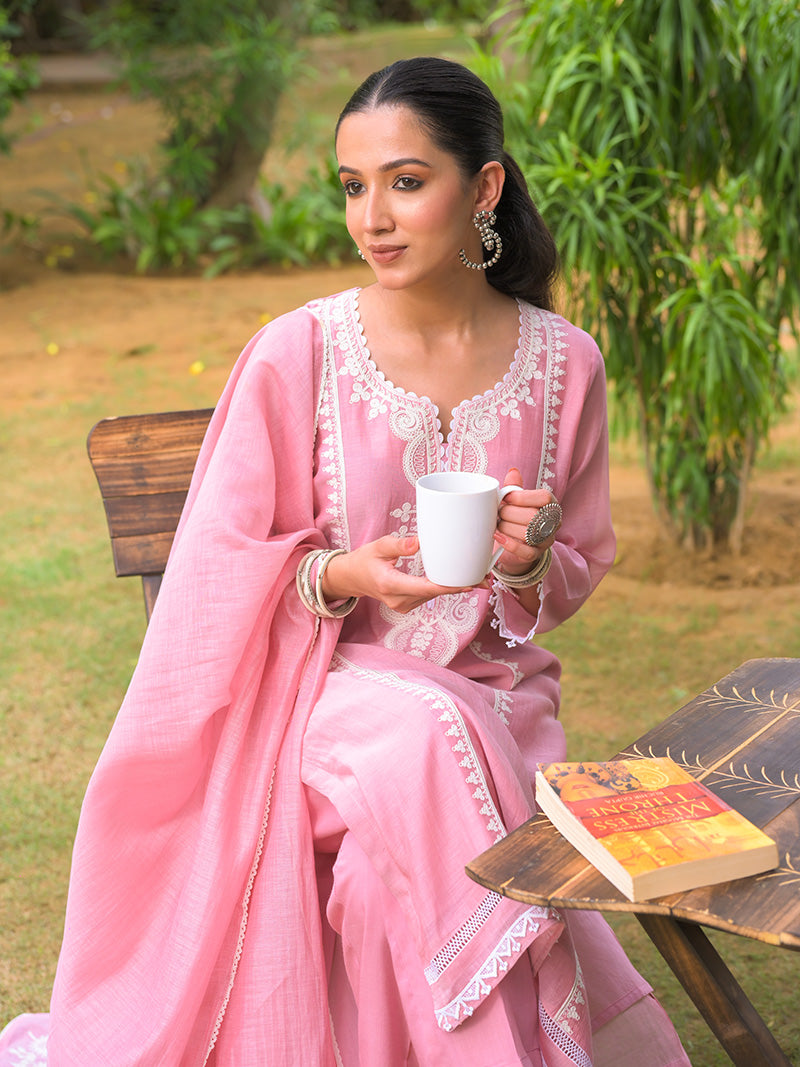 Aarohi Pure Mul Chanderi Embroidered Kurta Set with Dupatta - Blush Pink