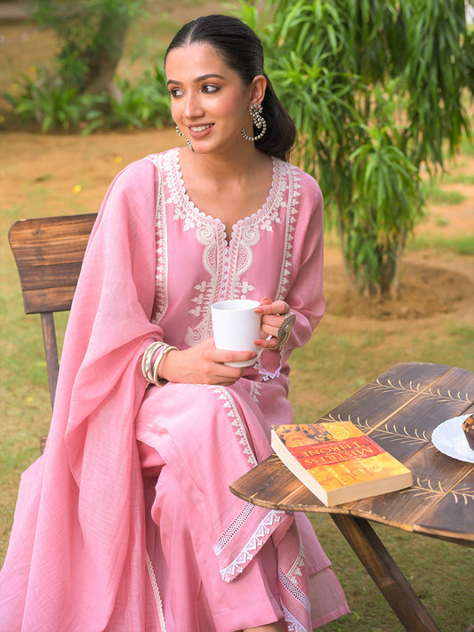 Aarohi Pure Mul Chanderi Embroidered Kurta Set with Dupatta - Blush Pink