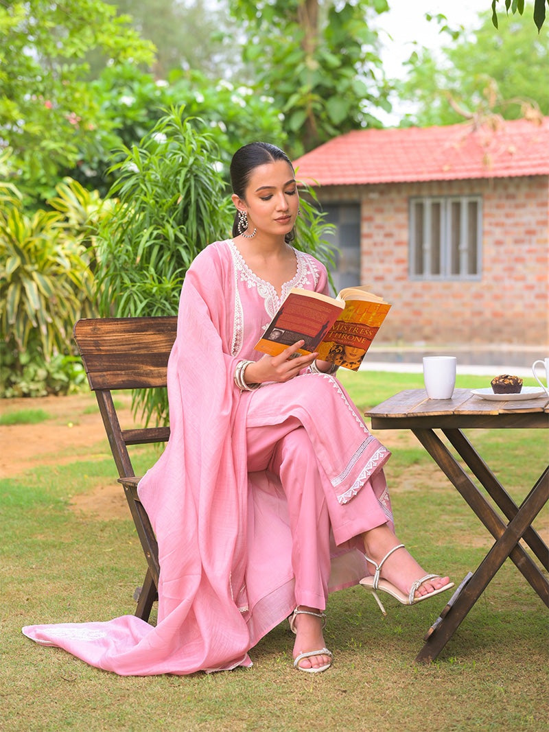 Aarohi Pure Mul Chanderi Embroidered Kurta Set with Dupatta - Blush Pink