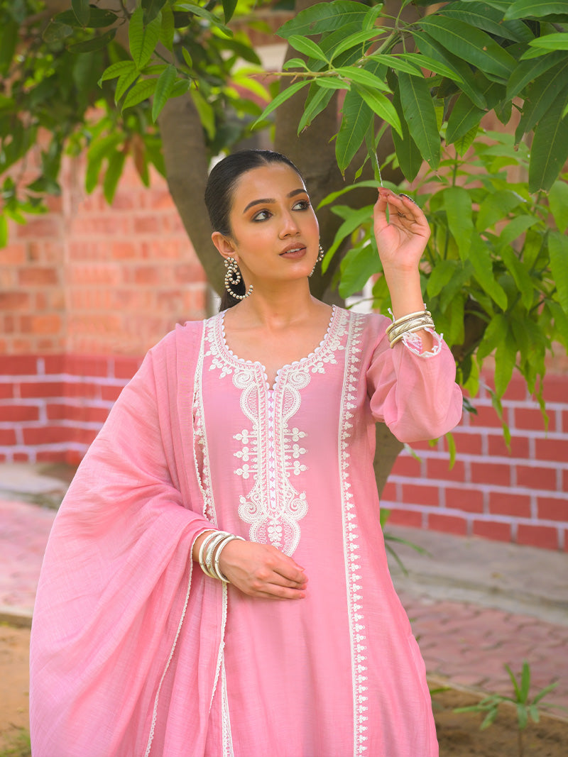 Aarohi Pure Mul Chanderi Embroidered Kurta Set with Dupatta - Blush Pink