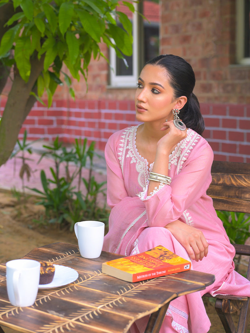 Aarohi Pure Mul Chanderi Embroidered Kurta Set with Dupatta - Blush Pink