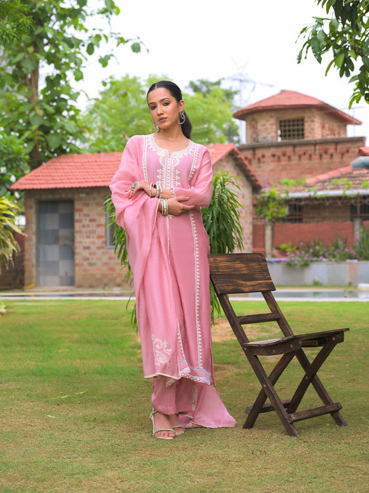 Aarohi Pure Mul Chanderi Embroidered Kurta Set with Dupatta - Blush Pink