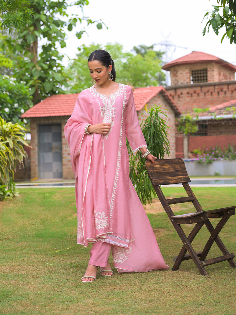 Aarohi Pure Mul Chanderi Embroidered Kurta Set with Dupatta - Blush Pink