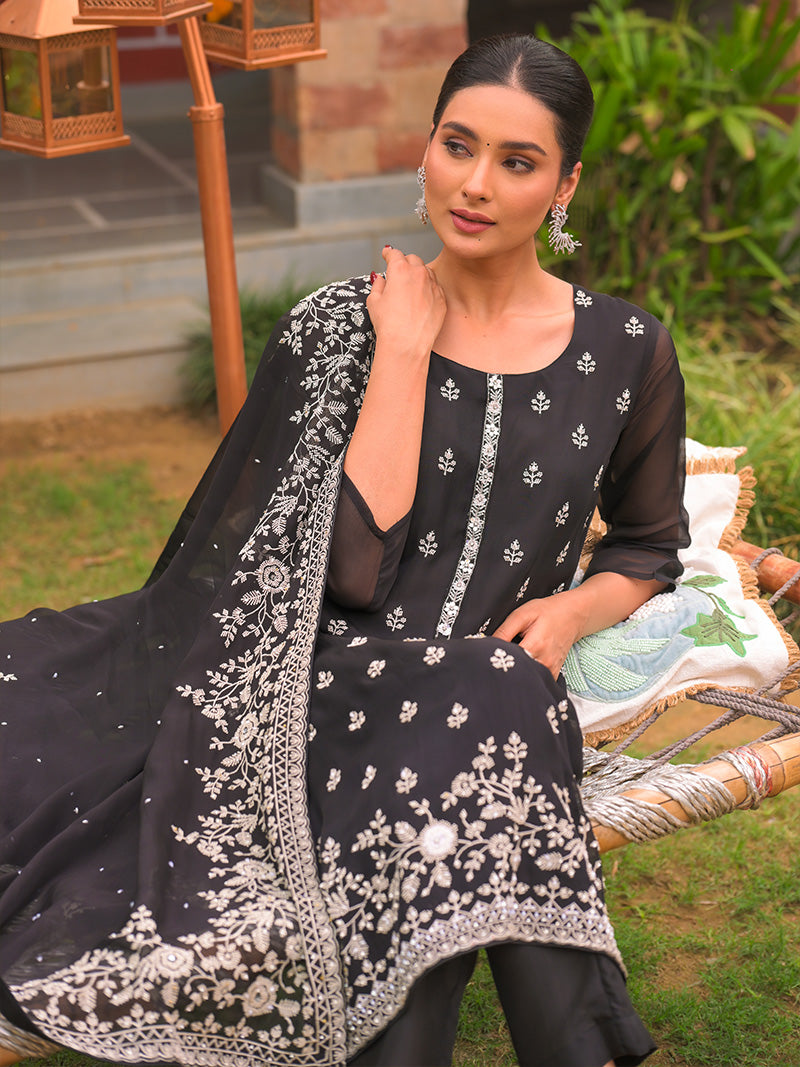Ayana Organza Embroidered Kurta Set with Dupatta - Midnight Black