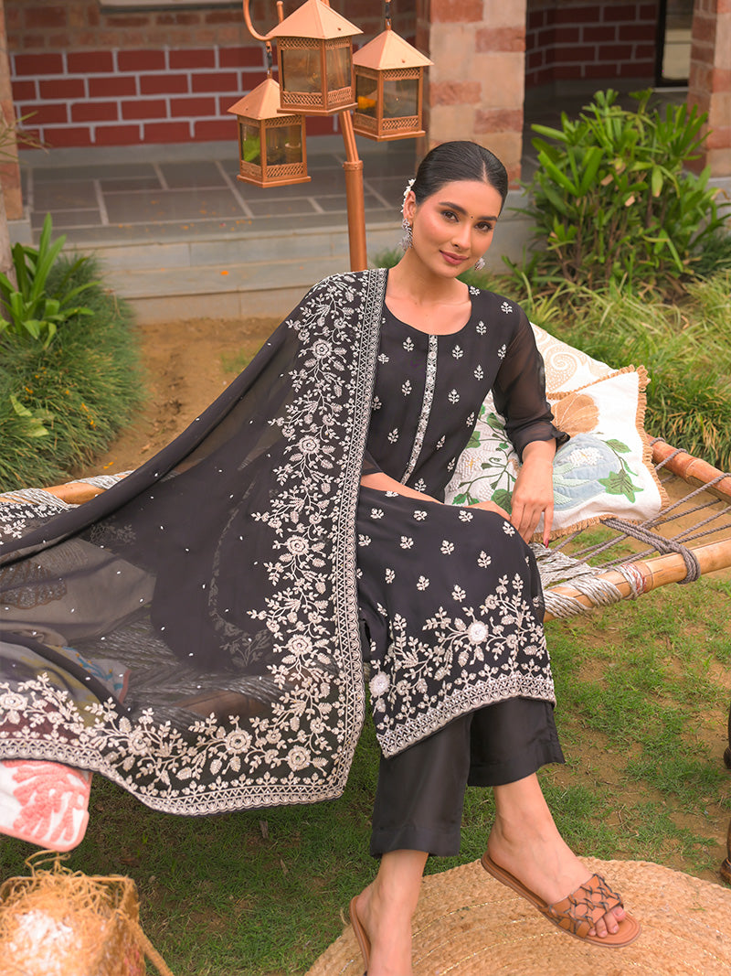 Ayana Organza Embroidered Kurta Set with Dupatta - Midnight Black