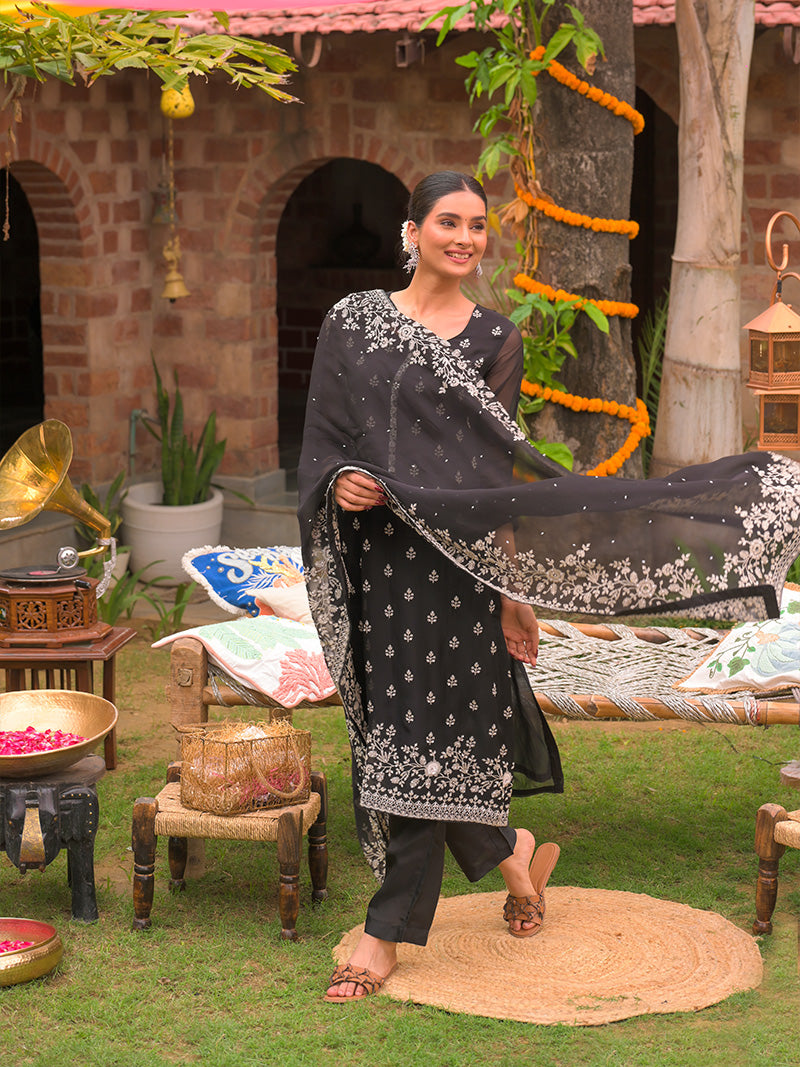 Ayana Organza Embroidered Kurta Set with Dupatta - Midnight Black