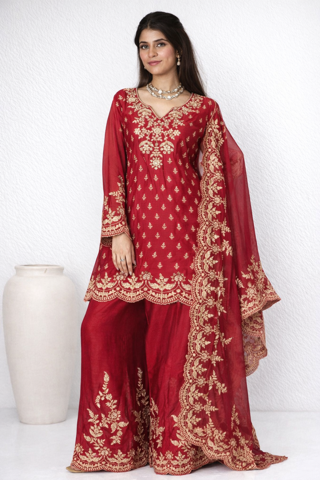 Aarini Mul Chanderi Dori Embroidered Sharara Set – Red