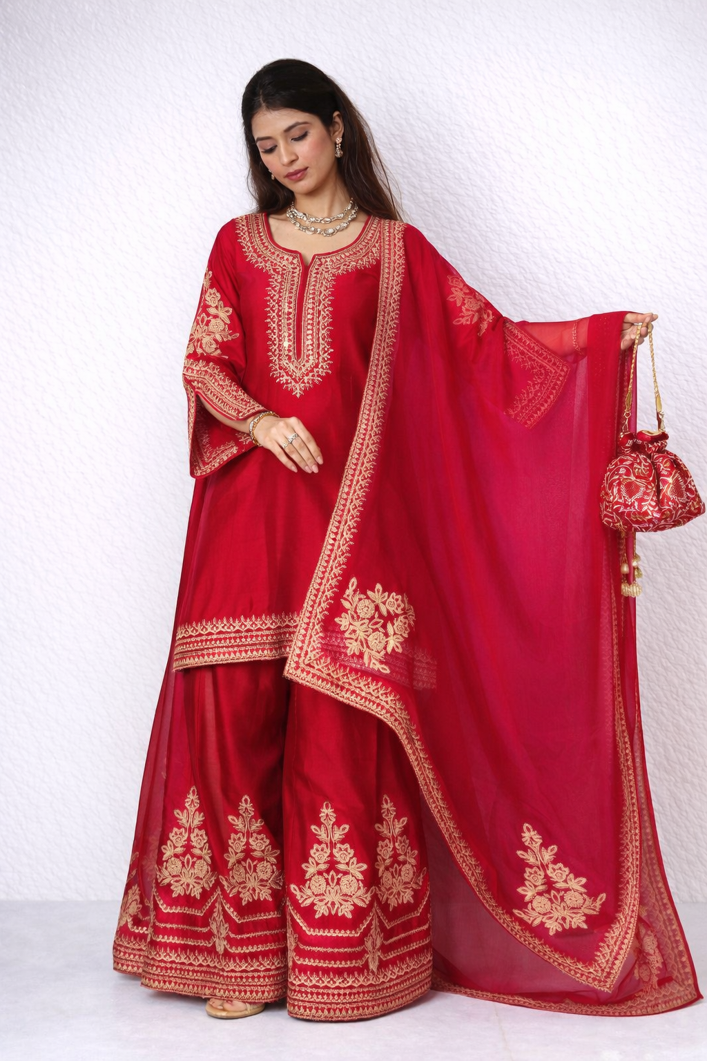 Adhira Mul Chanderi Dori Embroidered Sharara Set – Crimson Red
