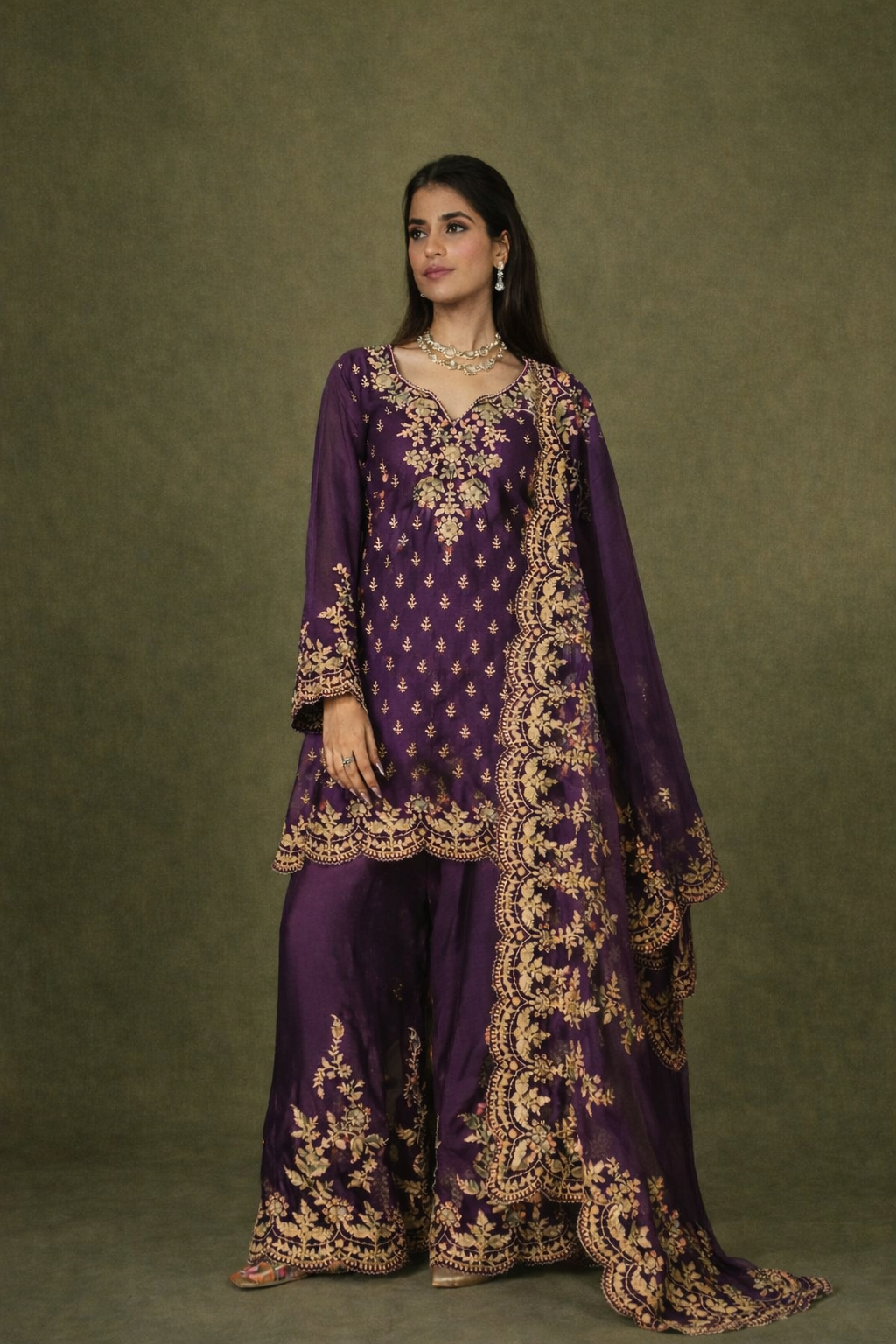 Aarini Mul Chanderi Dori Embroidered Sharara Set – Purple