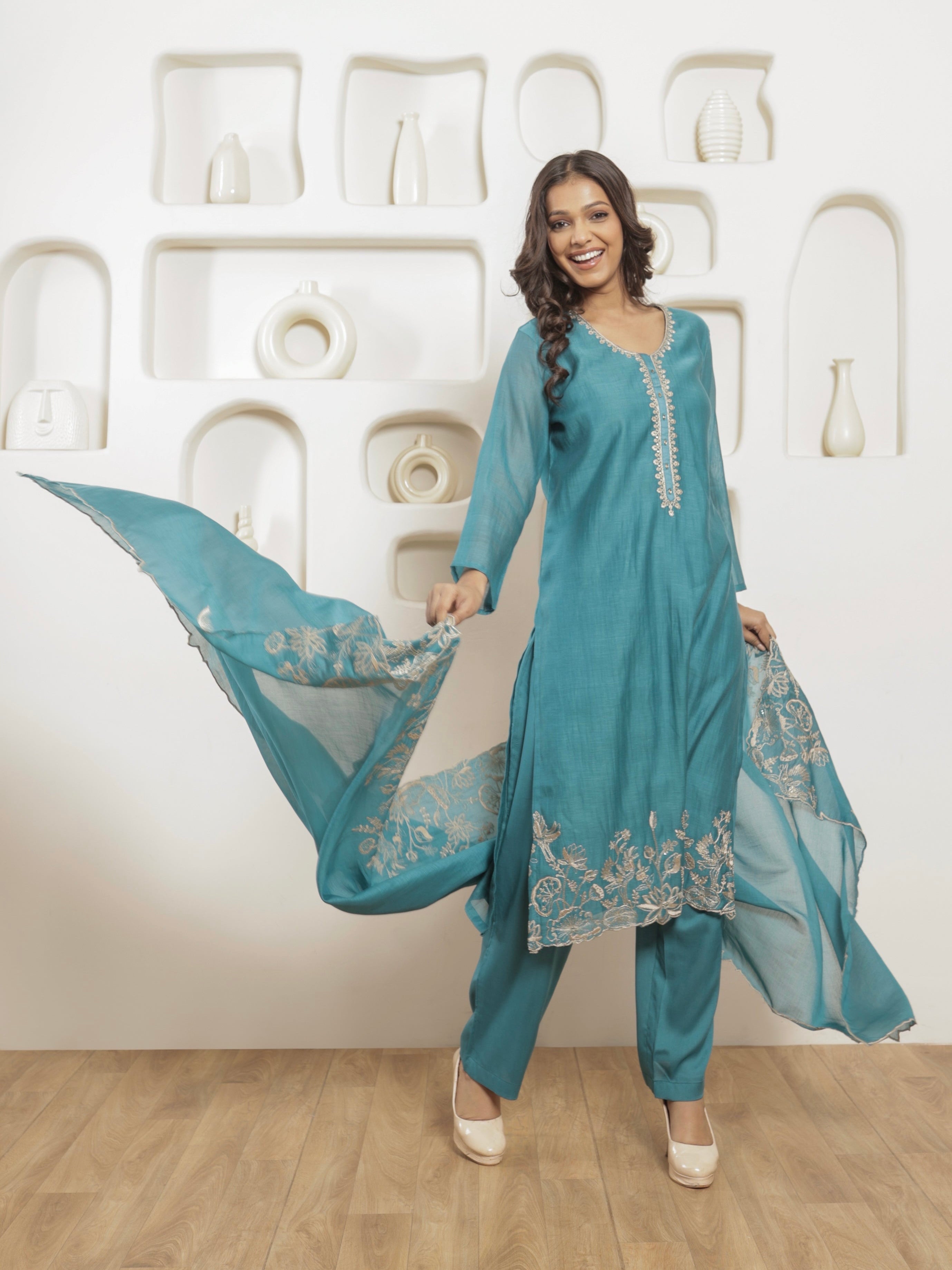Eshna Pure Mul Chanderi Embroidered Kurta Set with Dupatta - Teal Blue