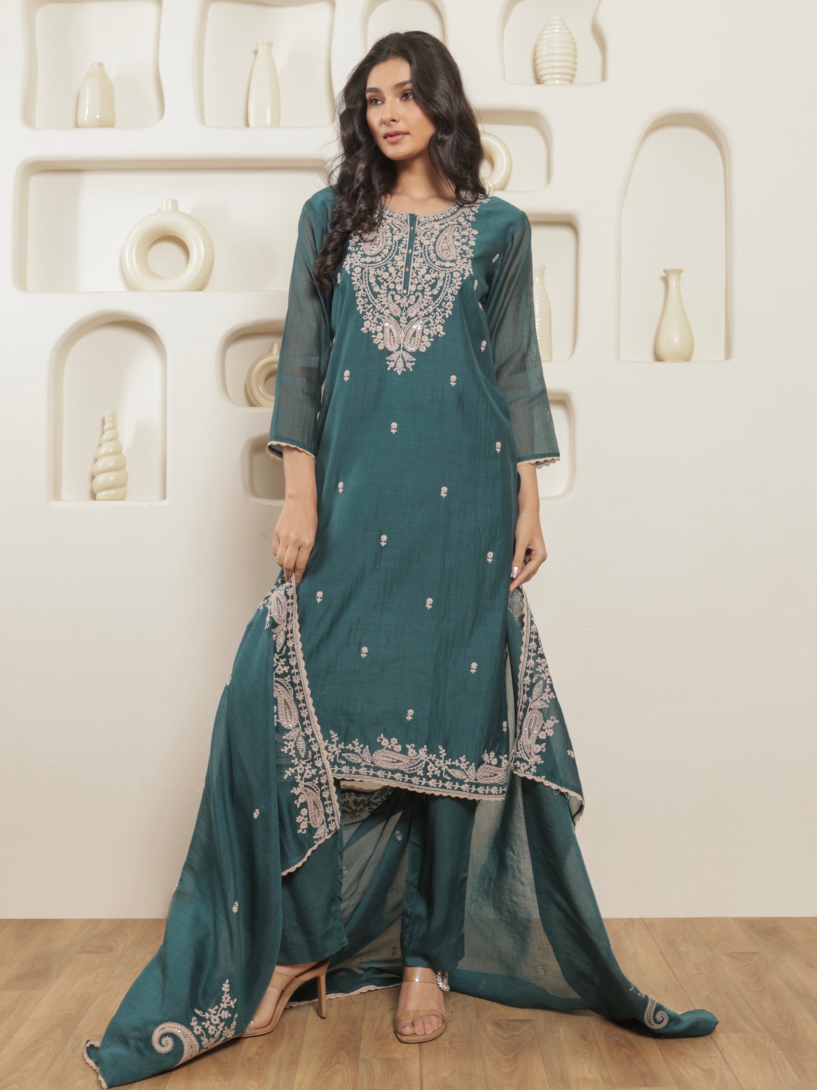 Tara Pure Mul Chanderi Embroidered Kurta Set with Dupatta - Deep Teal