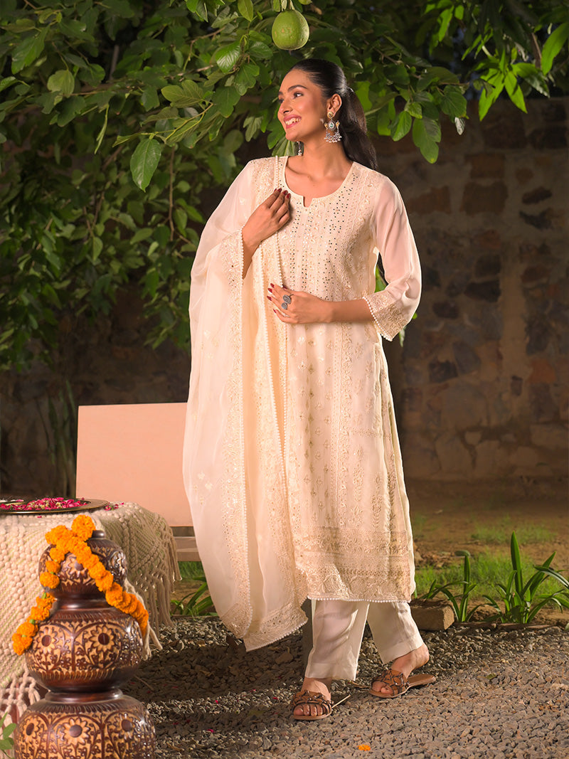 Kaira Embroidered Organza Kurta Set with Dupatta - Ivory