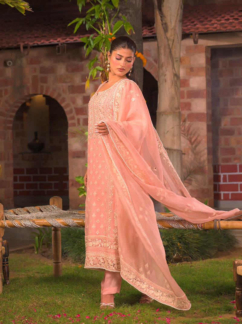Kaira Embroidered Organza Kurta Set with Dupatta - Blush Pink