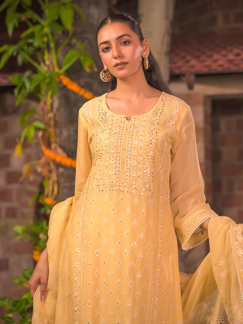 Kaira Embroidered Organza Kurta Set with Dupatta - Yellow