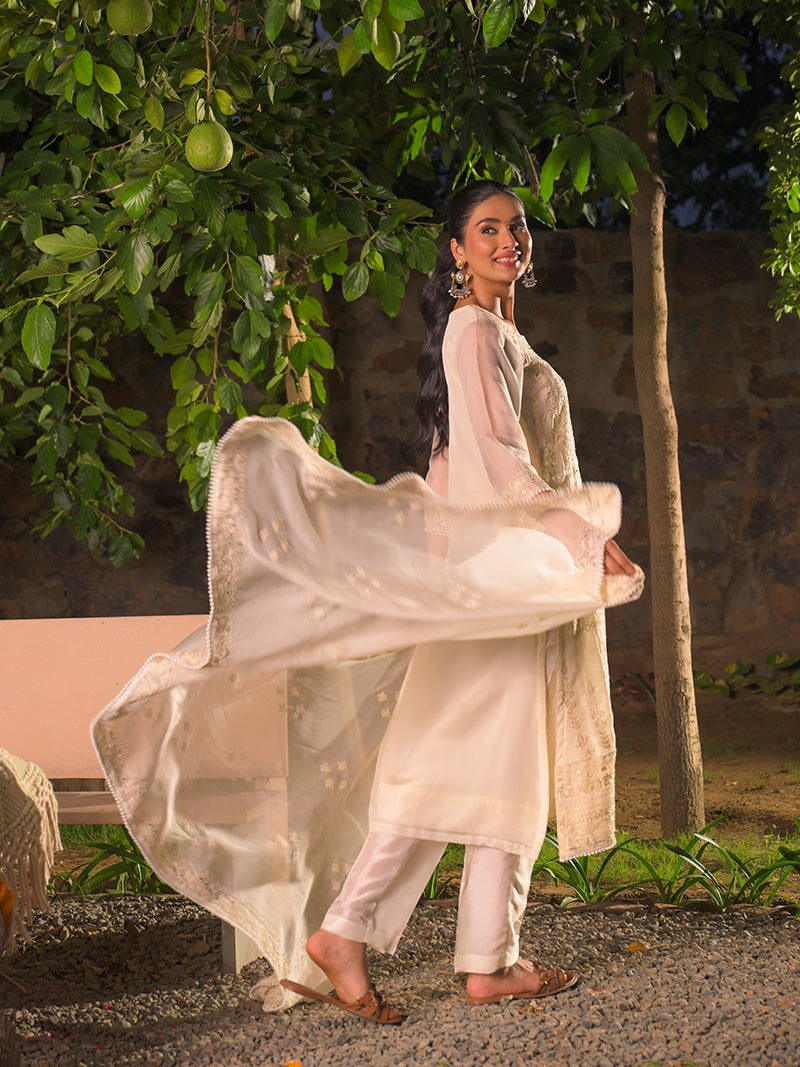 Kaira Embroidered Organza Kurta Set with Dupatta - Ivory