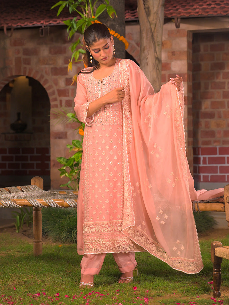 Kaira Embroidered Organza Kurta Set with Dupatta - Blush Pink