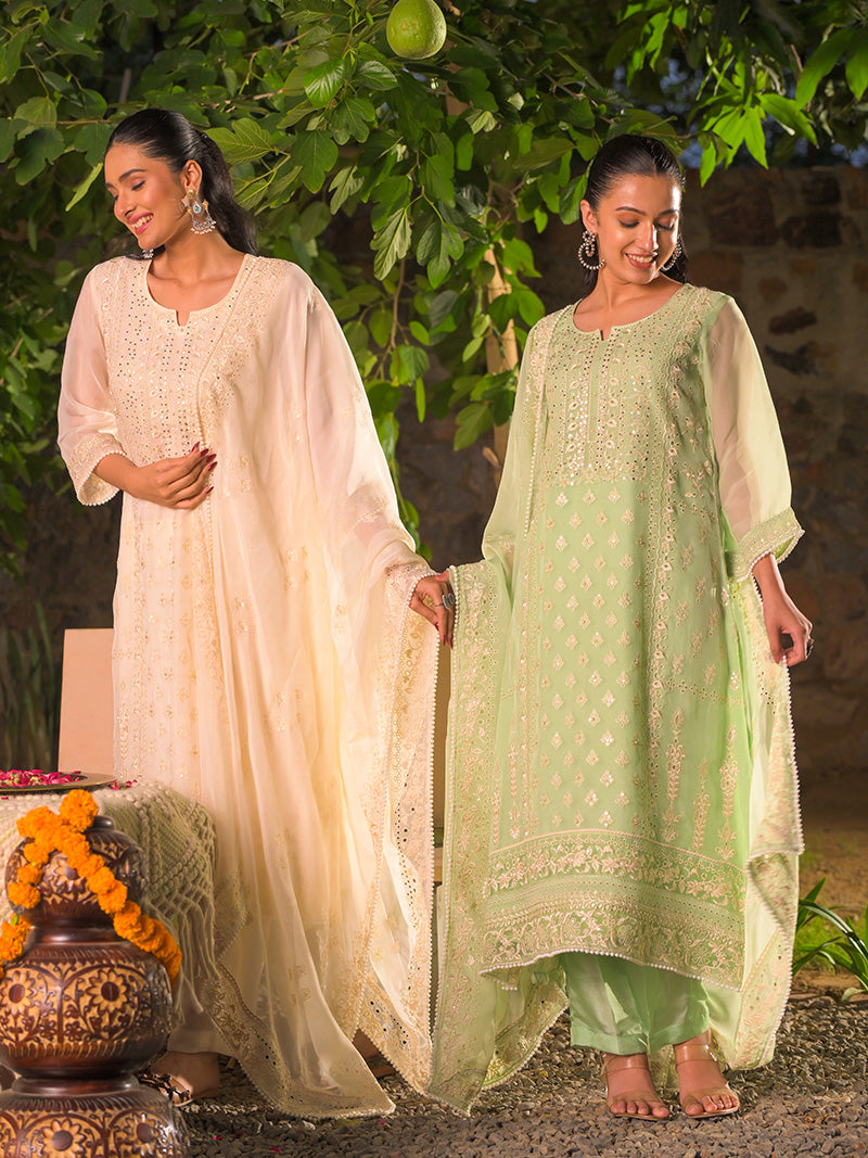 Kaira Embroidered Organza Kurta Set with Dupatta - Ivory
