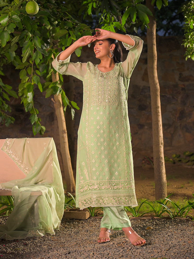 Kaira Embroidered Organza Kurta Set with Dupatta - Mint Bloom