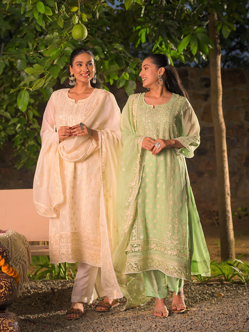 Kaira Embroidered Organza Kurta Set with Dupatta - Ivory