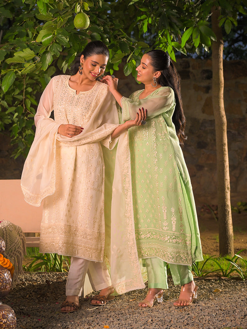 Kaira Embroidered Organza Kurta Set with Dupatta - Mint Bloom