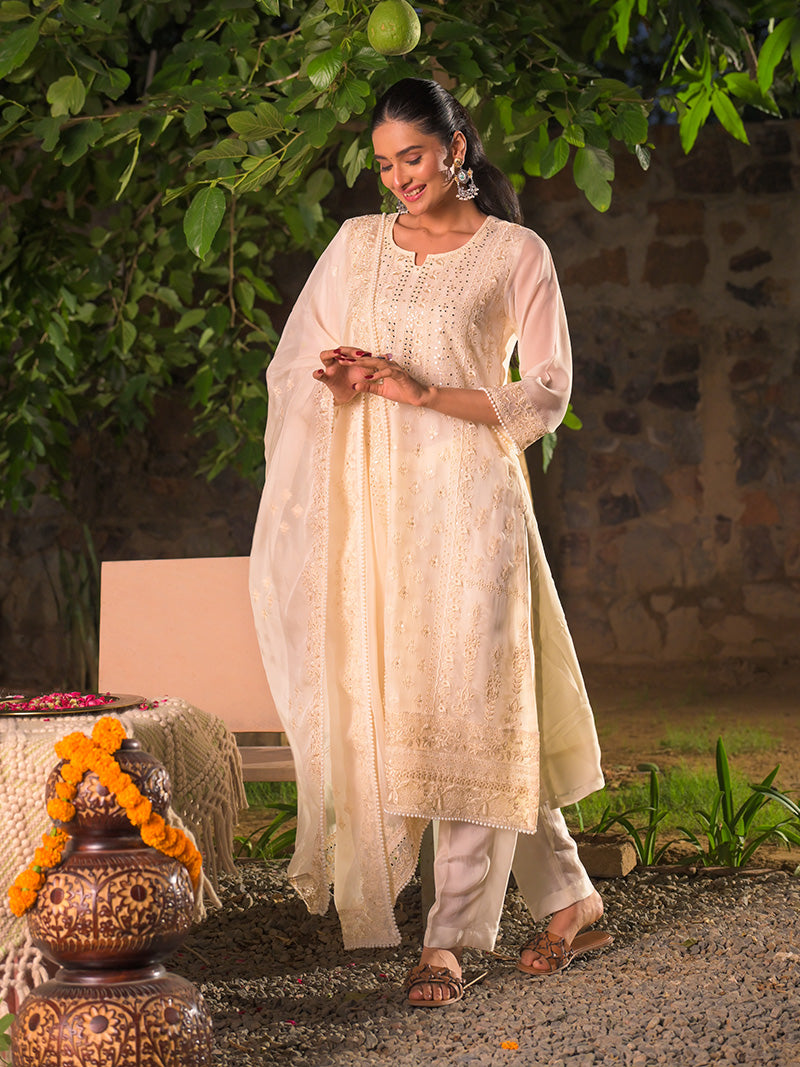 Kaira Embroidered Organza Kurta Set with Dupatta - Ivory