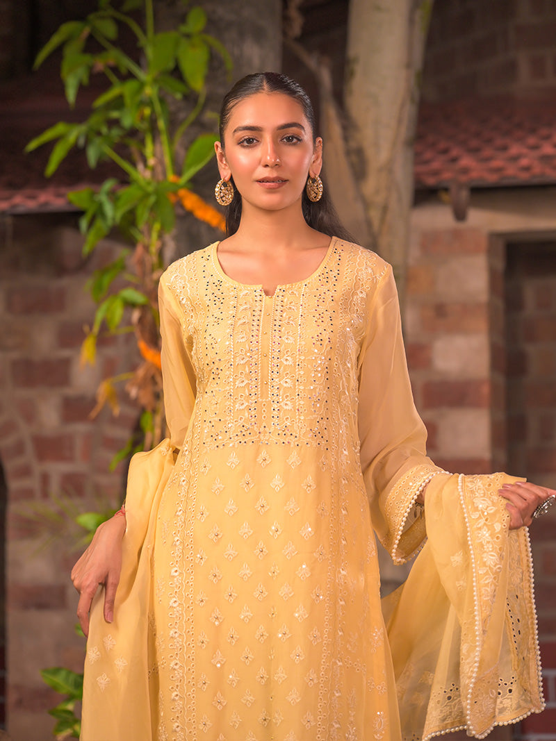Kaira Embroidered Organza Kurta Set with Dupatta - Yellow