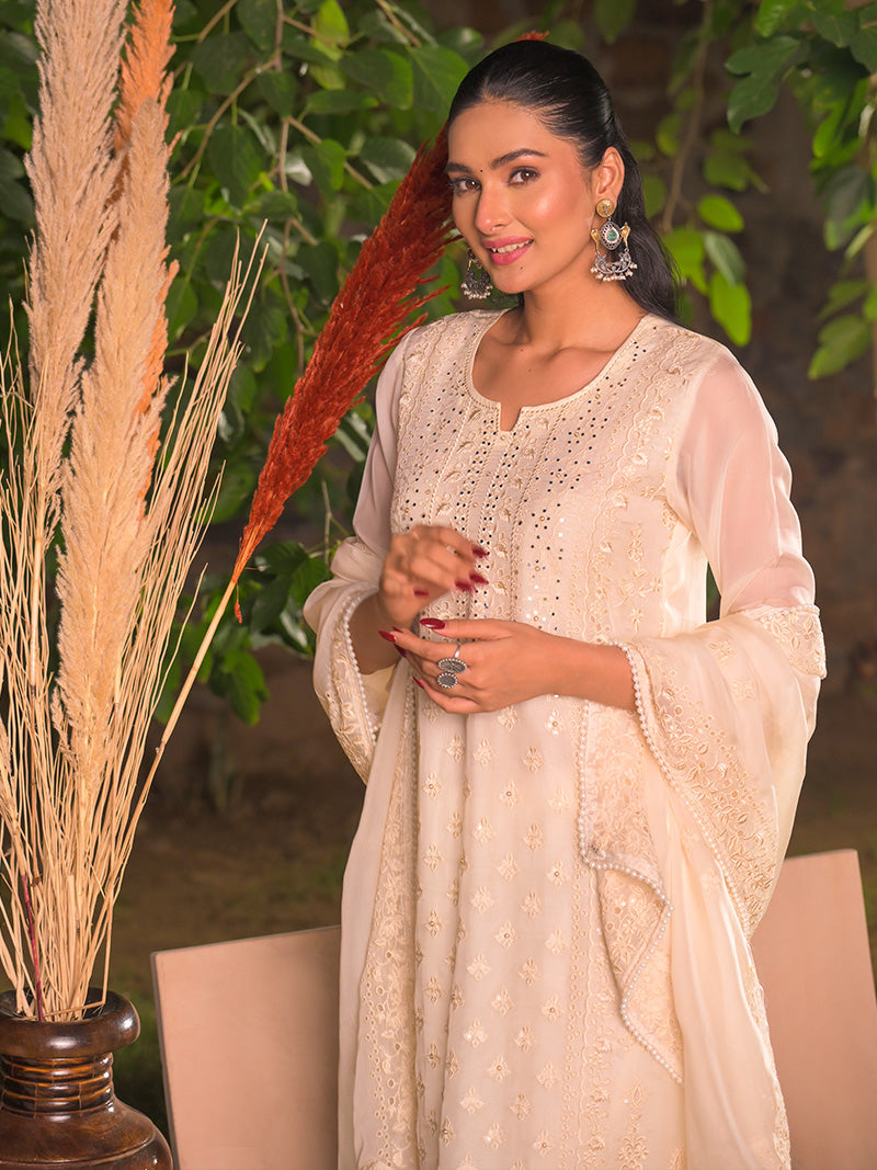 Kaira Embroidered Organza Kurta Set with Dupatta - Ivory