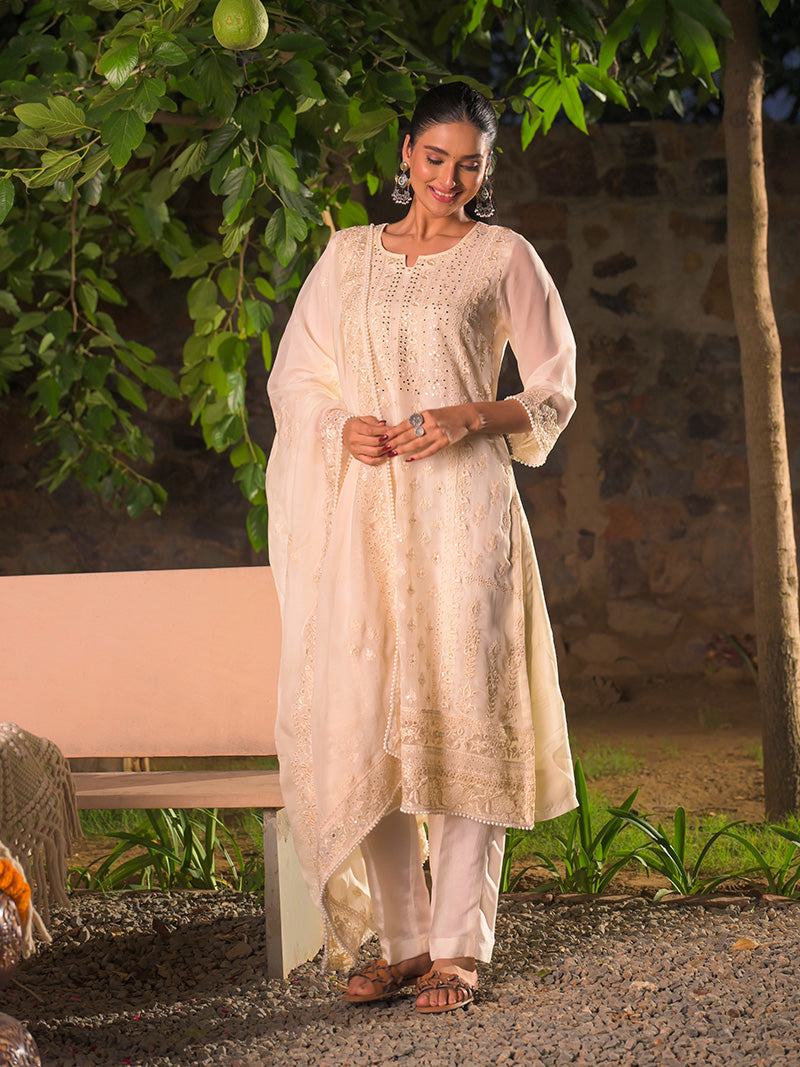 Kaira Embroidered Organza Kurta Set with Dupatta - Ivory
