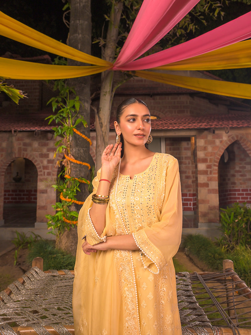 Kaira Embroidered Organza Kurta Set with Dupatta - Yellow