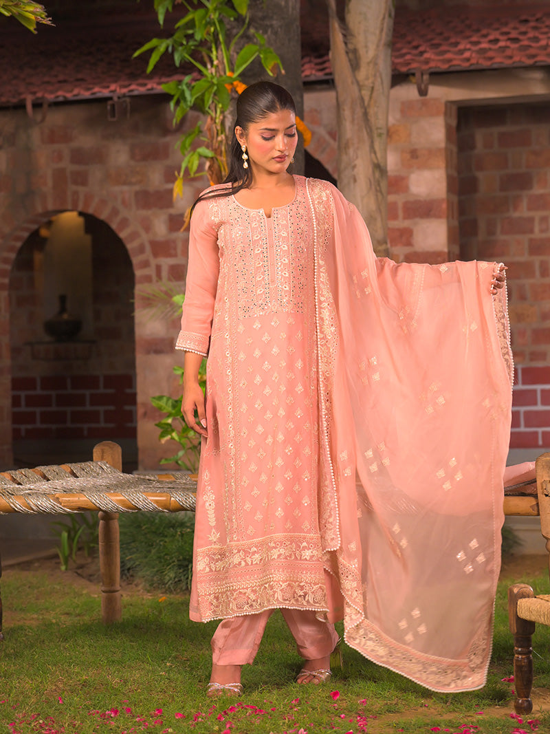 Kaira Embroidered Organza Kurta Set with Dupatta - Blush Pink