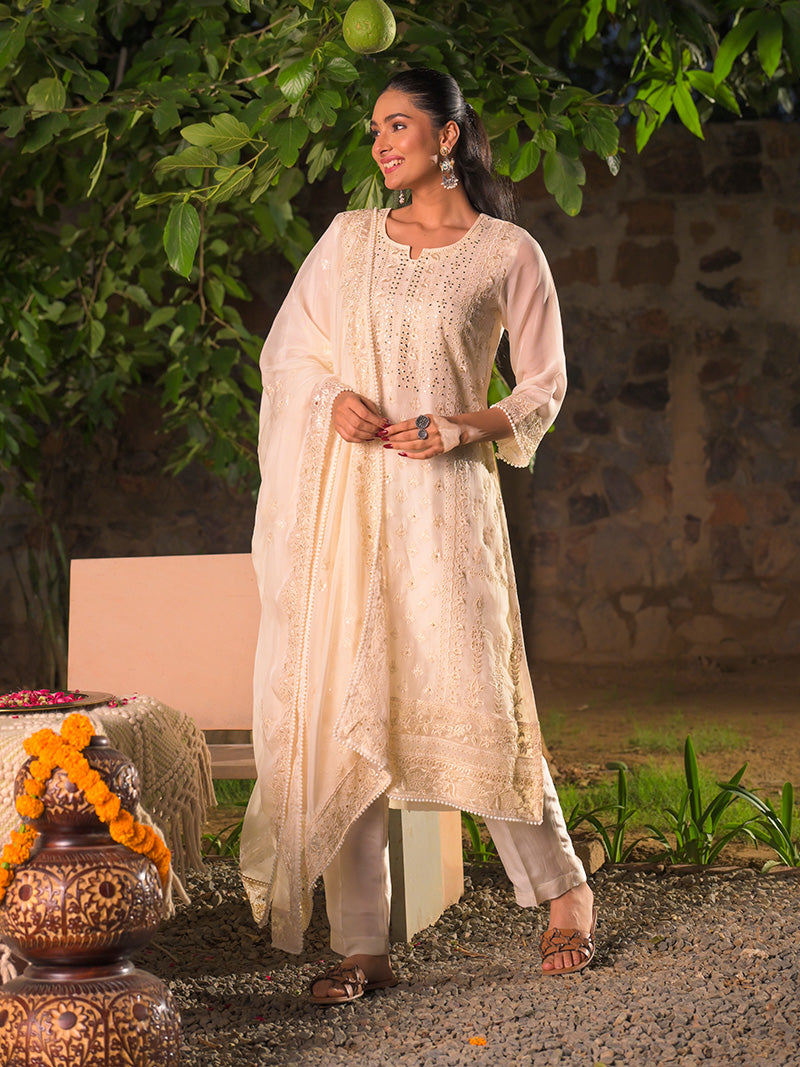 Kaira Embroidered Organza Kurta Set with Dupatta - Ivory