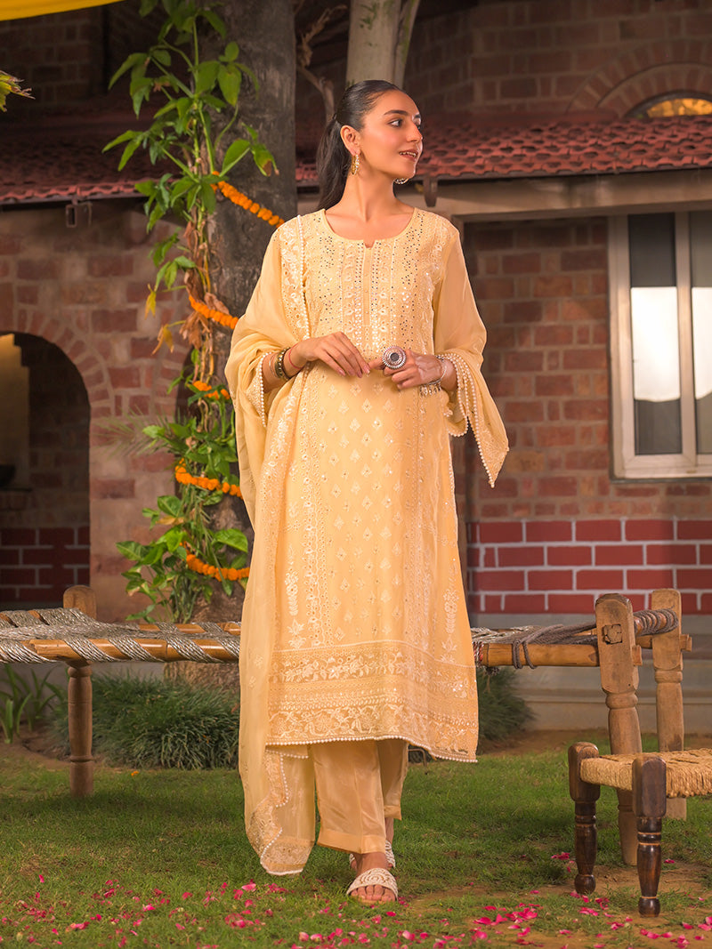 Kaira Embroidered Organza Kurta Set with Dupatta - Yellow