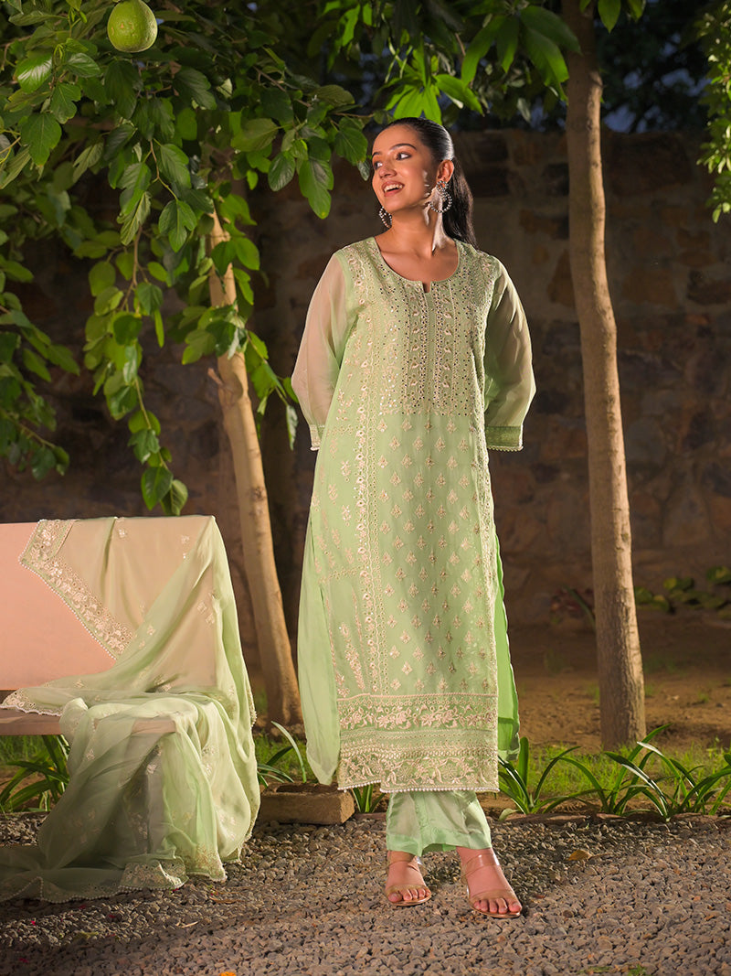 Kaira Embroidered Organza Kurta Set with Dupatta - Mint Bloom