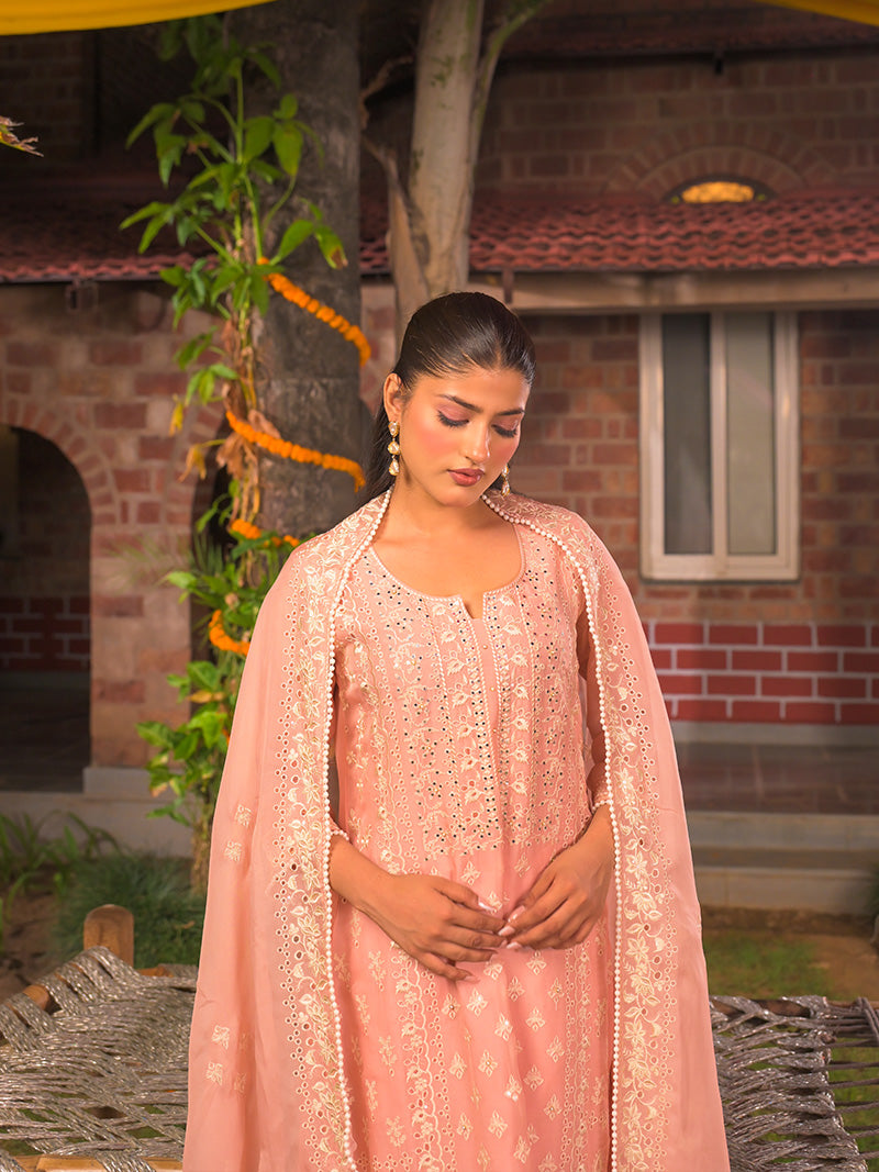 Kaira Embroidered Organza Kurta Set with Dupatta - Blush Pink