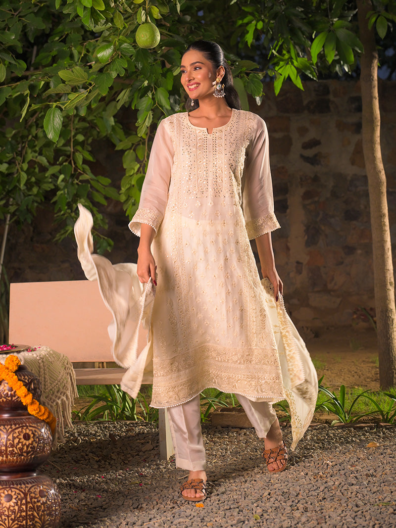 Kaira Embroidered Organza Kurta Set with Dupatta - Ivory